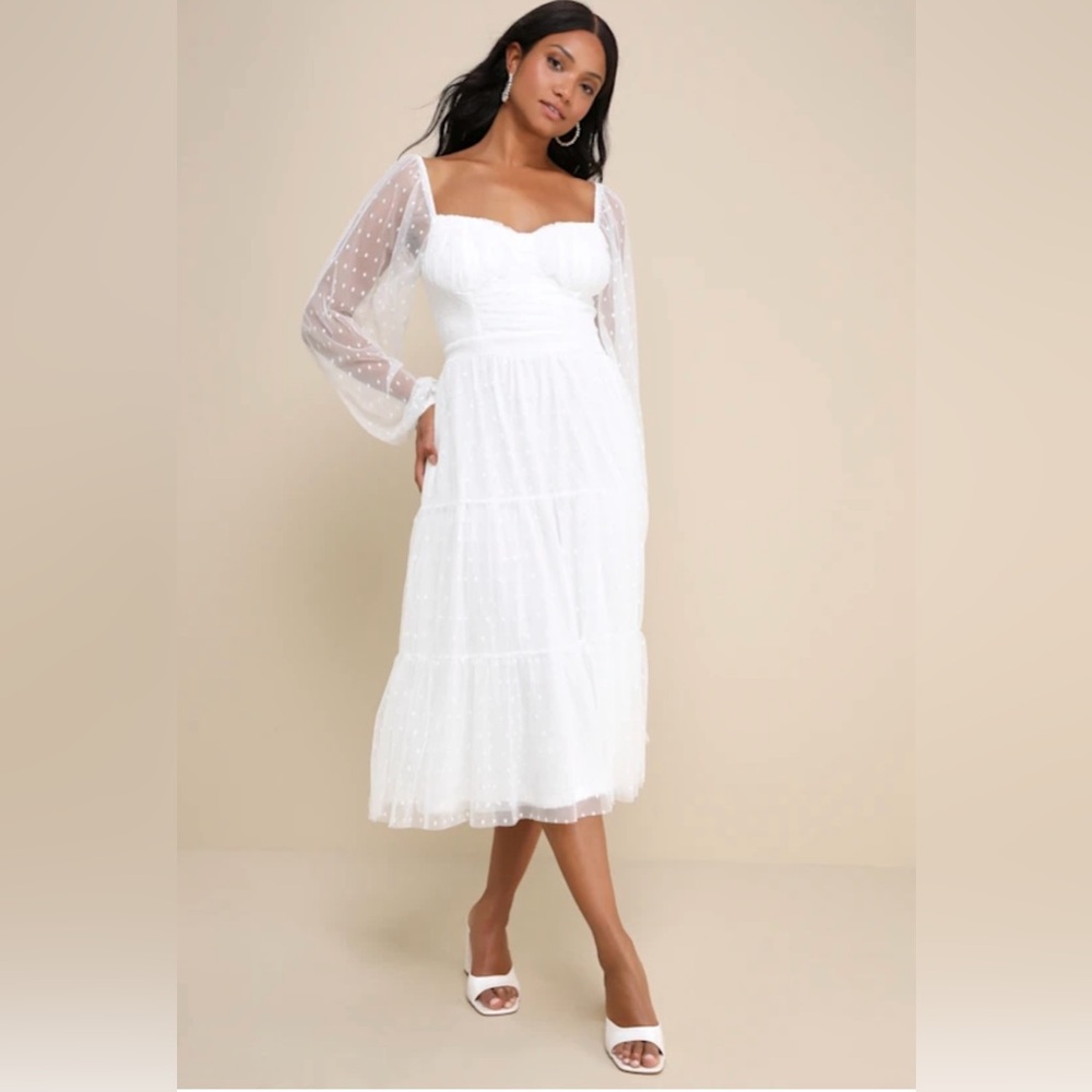 Lulus White Affectionate Aura White Swiss Dot Tiered Bustier Midi Dress
